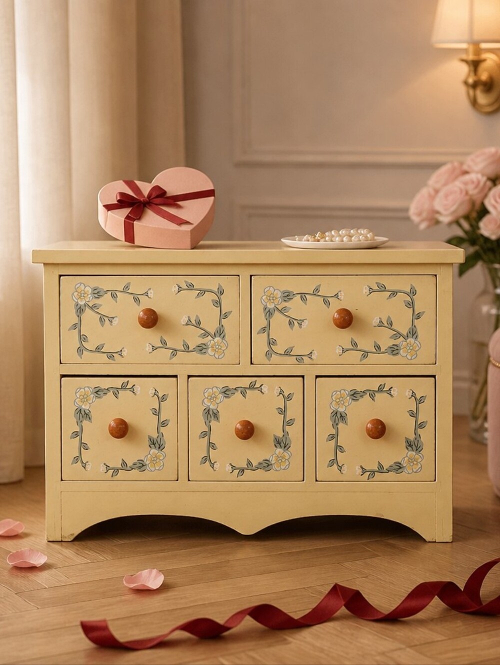 Small Wood Jewelry Chest Box Cottagecore Vintage Butter Yellow Whimsical